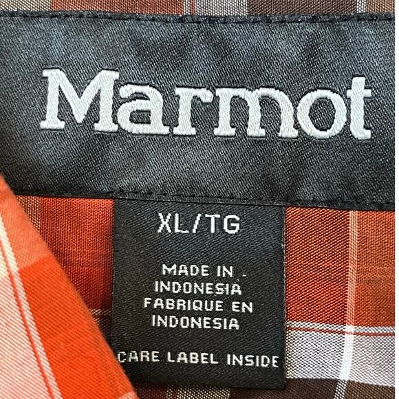 Marmot Mens XL Orange Brown Plaid Short-Sleeve Button-Front Hiking Outdoor Shirt - Picture 3 of 6